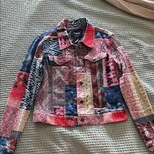 Desigual Patchwork Jean Jacket in Red, Blue, Cream, Pink